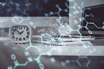 Poster - Desktop computer background and formula hologram writing. Double exposure. Education concept.