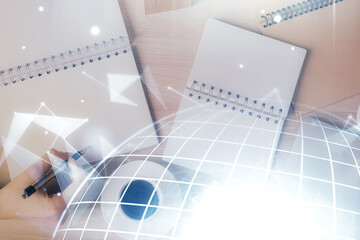Poster - Multi exposure of hands making notes with world map hologram and data theme icons. Concept of global data.