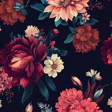  A Bunch Of Flowers That Are On A Black Background With Red And Yellow Flowers On It And Green Leaves