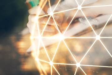 Poster - Social network theme hologram over woman's hands writing background. Concept of international people connect. Double exposure