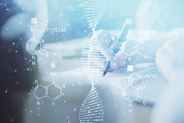 Poster - DNA theme hologram over woman's hands writing background. Concept of education. Double exposure