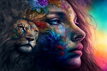 Abstract Drawing Of A Woman Showing Her True Colours Of A Rainbow Painted Lion