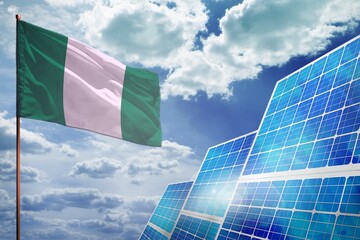 Wall Mural - Nigeria solar energy, alternative energy industrial concept with flag industrial illustration - fight with global climate changing, 3D illustration