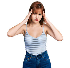 Canvas Print - Redhead young woman wearing casual style with sleeveless shirt suffering from headache desperate and stressed because pain and migraine. hands on head.