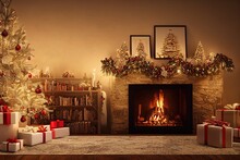 Christmas Gifts And Stockings By The Fireplace. Cozy Xmas Evening Near Christmas Tree And Burning Fire.