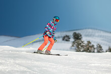 Young Female Skier Sliding Down The Slope On A Sunny Day At A Mountain Resort.
