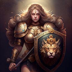 Sticker - Gladiator woman holding a shield with a lions head