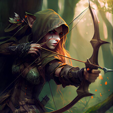 Elven Archer Ranger With A Bow Pulled Back