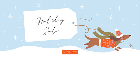 Wall Mural - Holiday Sale Vector Design With Cute Dachshund In Red Knitted Sweater And Long Green Scarf Dashing Through The Snow With Big Sale Tag. Template Banner Ideal For Social Media Posts, Cards, Vouchers.