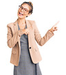 © Krakenimages.com - Beautiful caucasian woman with blonde hair wearing business jacket and glasses smiling and looking at the camera pointing with two hands and fingers to the side.