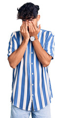 Sticker - Young hispanic man wearing casual clothes rubbing eyes for fatigue and headache, sleepy and tired expression. vision problem