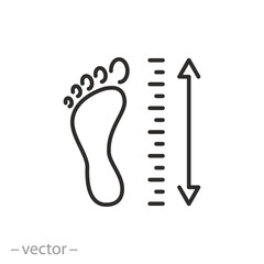 foot size measurement, choose dimension shoes, thin line symbol on white background - editable strok