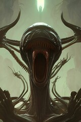 Wall Mural - Scary alien character illustration with a wide opened mouth showing many teeth