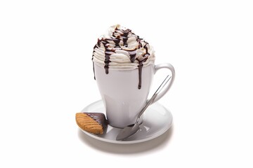 Sticker - Closeup of a cup of coffee with whipped cream and chocolate isolated on white background