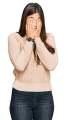 Wall Mural - Young brunette woman wearing casual winter sweater rubbing eyes for fatigue and headache, sleepy and tired expression. vision problem