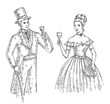 Woman and man holding glass wine. Vintage engraving illustration. Isolated on white