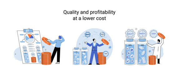 Wall Mural - Quality and profitability at lower cost. Salary increase metaphor, profit margin. Earn on business inflation, investment, developing, coordinating sales. Management optimization of business processes