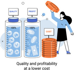 Fototapete - Quality and profitability at lower cost. Salary increase metaphor, profit margin. Earn on business inflation, investment, developing, coordinating sales. Management optimization of business processes