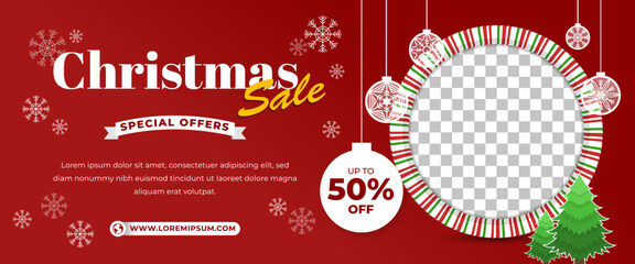 Wall Mural - Christmas sale horizontal banner design template. Modern Christmas banner with place for the photo