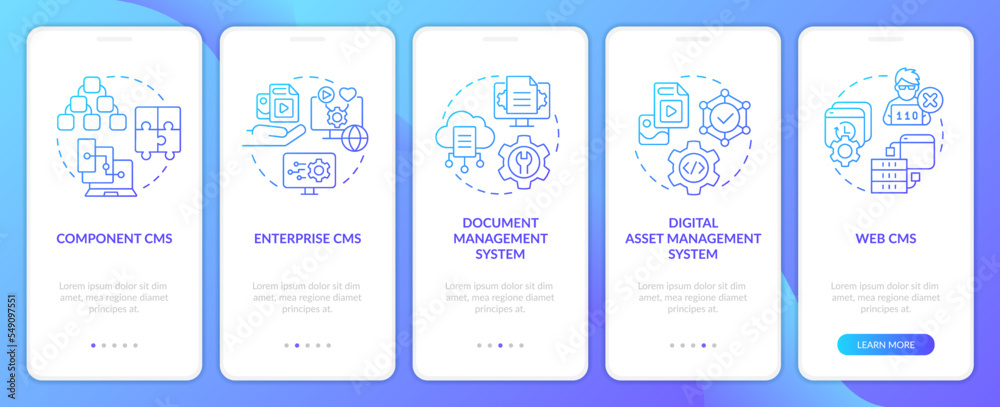 CMS types blue gradient onboarding mobile app screen. Digital platforms ...