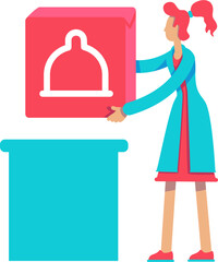 Poster - Female medical assistant with big red button semi flat color vector character. Standing figure. Full body person on white. Simple cartoon style illustration for web graphic design and animation