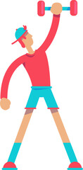 Poster - Male teenager holding dumbbell under head semi flat color vector character. Posing figure. Full body person on white. Simple cartoon style illustration for web graphic design and animation