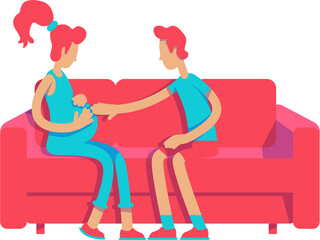 Poster - Man touching belly pregnant wife semi flat color vector characters. Pregnacy period. Sitting figures. Full body people on white. Simple cartoon style illustration for web graphic design and animation