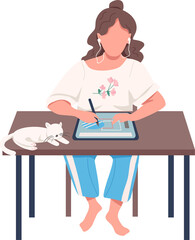 Poster - Digital designer with cat semi flat color vector character. Sitting figure. Remote work. Full body person on white. Simple cartoon style illustration for web graphic design and animation