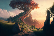 Surreal Giant Tree On Top Of A Hill, Detailed, Path Up The Hill, Vast Landscape