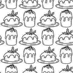 Wall Mural - Seamless pattern with traditional Christmas cake and cocoa with marshmallows in doodle style