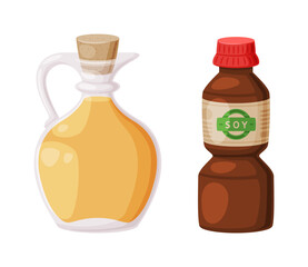 Poster - Soy Oil in Corked Jar and Bottle of Sauce as Natural and Organic Product from Soybean Plant Vector Set