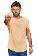 Poster - Handsome young man with beard wearing casual tshirt pointing with finger up and angry expression, showing no gesture