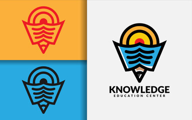Poster - Knowledge Education Center Logo Design. Pin Location Symbol Logo Design Combined with Book and Pencil Concept.