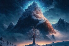 Beautiful Fantasy Winter Landscape With A Huge Tree. Mountains In The Distance Behind It Light Blue Sunrise