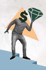 Wall Mural - Vertical collage picture of black white effect guy dollar symbol instead head arm hold painted diamond isolated on drawing background