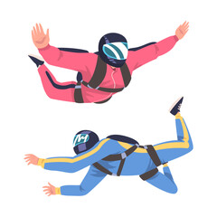 Wall Mural - Man Parachutist Skydiving and Free-falling in the Air Descenting on the Earth Vector Set