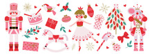 Christmas Set Of Characters From The Winter Tale Ballet Nutcracker's Story. Nutcracker, Mouse King, Princess Ballerina, Snowflakes, Gifts, Christmas Tree, Toys, Drumm Mistletoe, Berries. Vector.