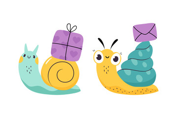 Poster - Cute Snail Character with Shell Carrying Envelope and Gift Box on Its Back Vector Set