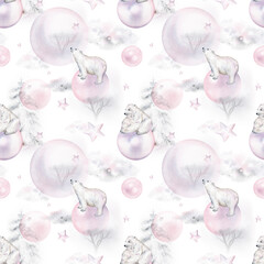 Cute seamless pattern with watercolor winter polar bear, pearl beads. Mother and her child. Constellation bears. Cute children pattern. Perfect for background paper or textiles.