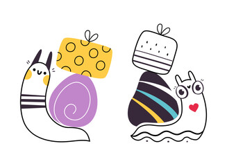 Sticker - Cute Snail Character with Shell Carrying Gift Box on Its Back Vector Set