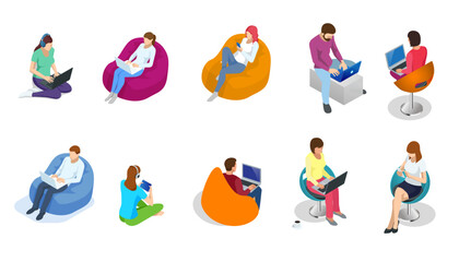 Different isomeric people icons set. Working at home, coworking space. Online meeting work form home