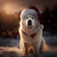 Samoyed Dog In Santa Hat, Snowfall, Christmas And New Year