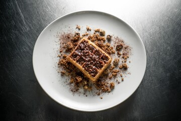 Poster - Top view of a of a waffle with chocolate and cookie crumbs on a white plate in the kitchen