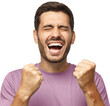 © Damir Khabirov - Emotional man screaming with joy and victorious expression, holding hands in gesture of winner, looking happy