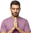 © Damir Khabirov - Closeup of young man isolated on gray background, putting hands together as if he is praying with closed eyes