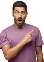 Wall Mural - Young surprised man in purple t-shirt pointing right with his finger, shouting WOW