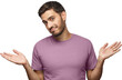 I don't know. Portrait of young confused man in blue t-shirt standing and shrugging shoulders, spreading hands isolated on gray background. I dunno