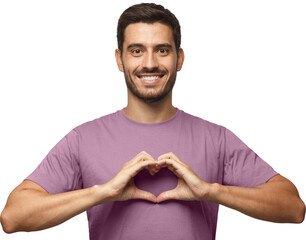 Wall Mural - Portrait of young smiling man in blue t-shirt showing heart sign isolated on gray background