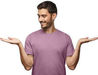 Wall Mural - choice concept. portrait of young man choosing between 2 different options, holding two hands with e