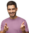 Young man wearing purple t-shirt, smiling happily with open mouth and pointing to camera with both hands
